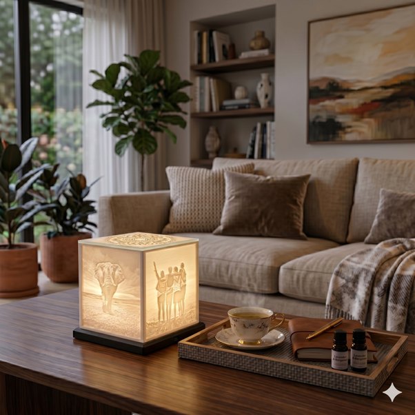 Custom 3D-printed lithophane cube light glowing in a living room