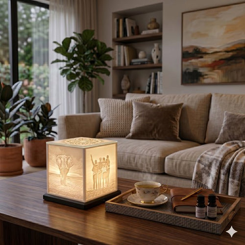 Custom 3D-printed lithophane cube light glowing in a living room