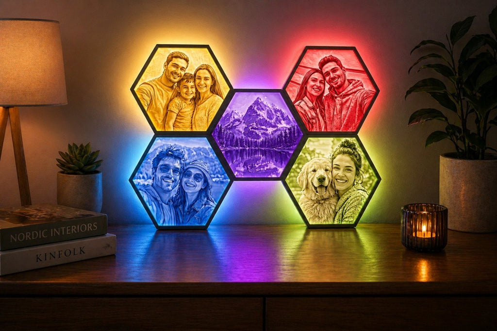 Personalized LED Hexagon Photo Panels glowing on a wall